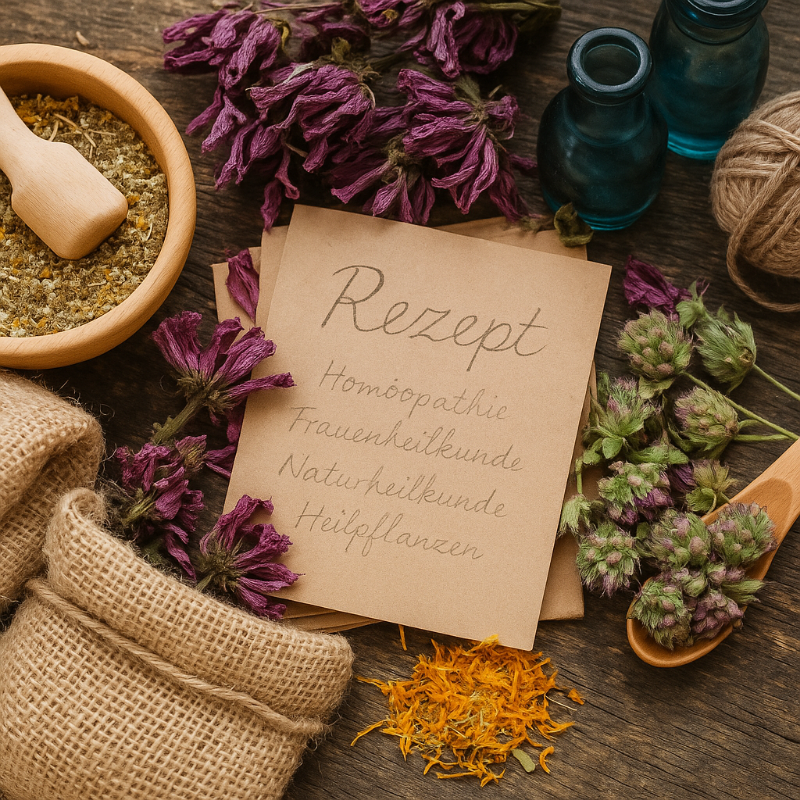 Arrangement von Heilkräutern und Rezept auf Papier – Naturheilkunde & Homöopathie bei SULIA