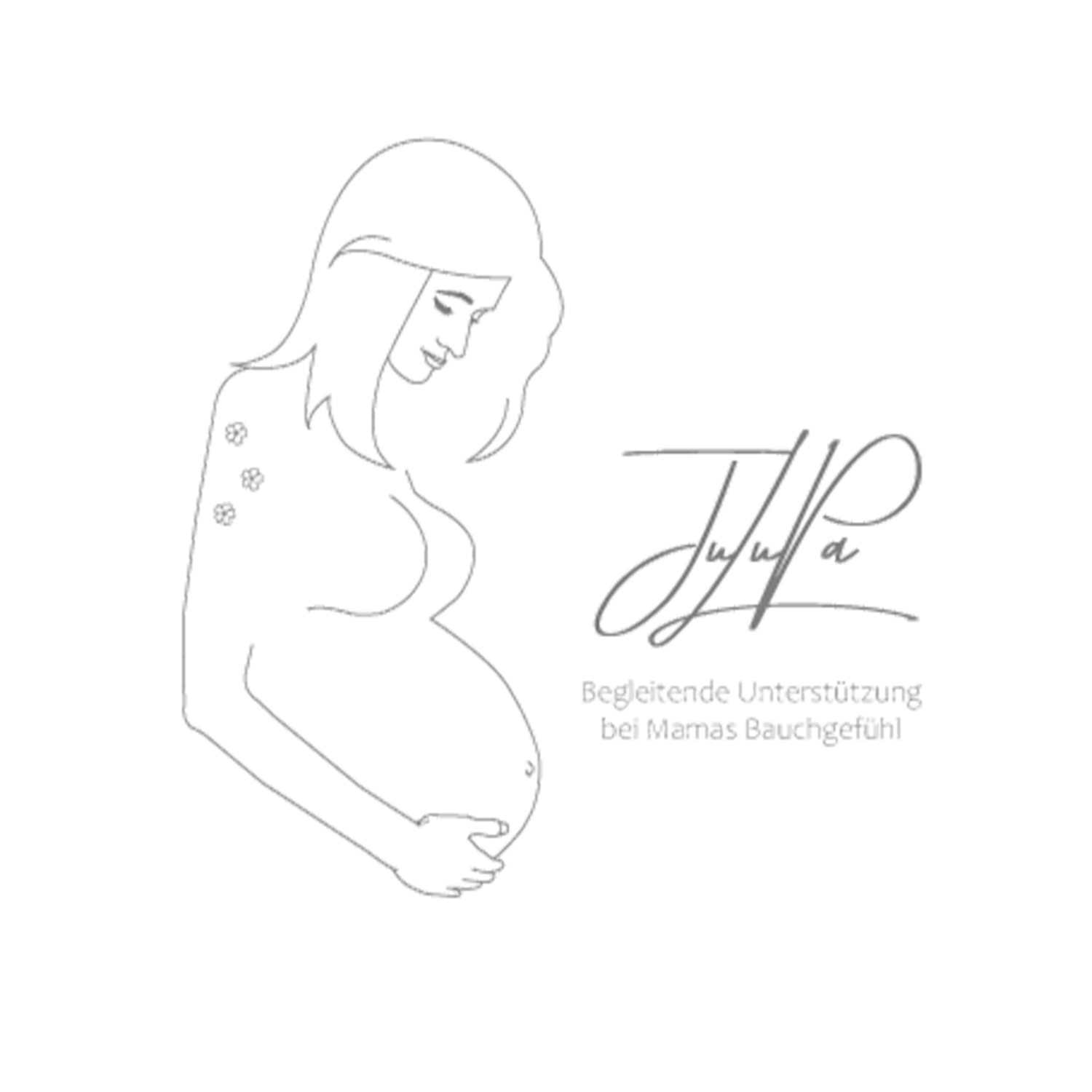 Das Logo von JuLuPa zeigt eine stilisierte Zeichnung einer Doula, die liebevoll eine schwangere Frau begleitet. Im Hintergrund ist der Name "JuLuPa" in eleganter Schrift zu sehen. Das Logo symbolisiert die einfühlsame und persönliche Begleitung durch Bianca Spermann in den Bereichen Doula, Stillberatung und Geburtsvorbereitung. Es steht für Vertrauen, Unterstützung und die Mission, Frauen während der Schwangerschaft, Geburt und den ersten Monaten mit ihrem Baby zu stärken.